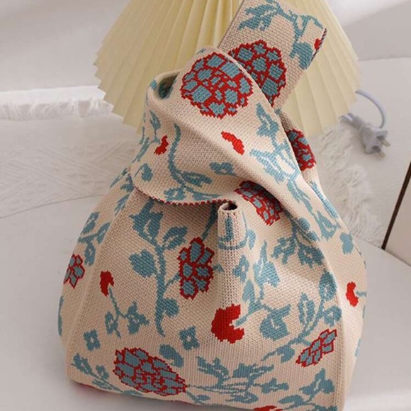 Handbags - Floral Knitted Mini Knot Handbag Crochet Purse | NWT | Red Blue Floral Bag